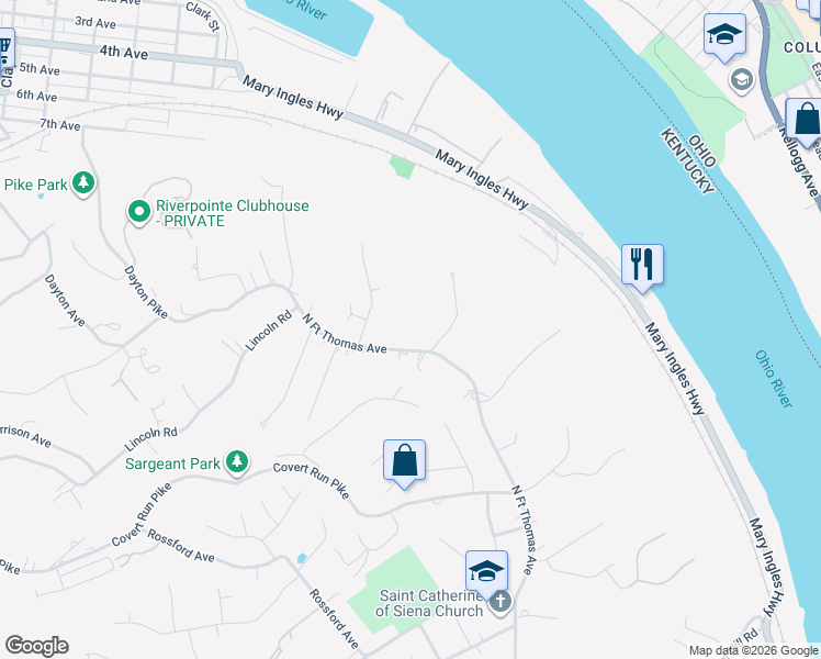 map of restaurants, bars, coffee shops, grocery stores, and more near 2342 North Fort Thomas Avenue in Fort Thomas