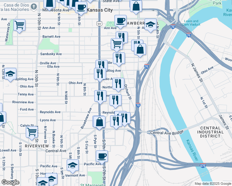 map of restaurants, bars, coffee shops, grocery stores, and more near 610 Tenny Avenue in Kansas City
