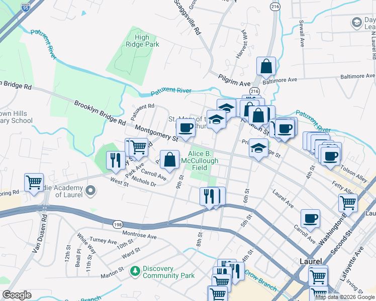 map of restaurants, bars, coffee shops, grocery stores, and more near 307 9th Street in Laurel