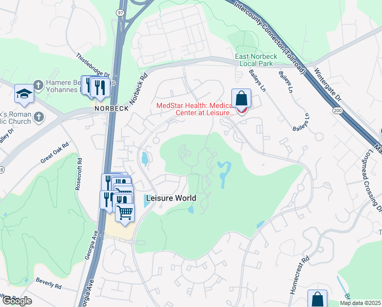 map of restaurants, bars, coffee shops, grocery stores, and more near 15100 Interlachen Drive in Silver Spring