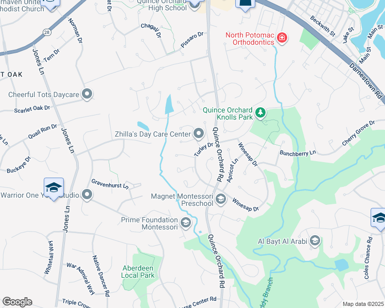 map of restaurants, bars, coffee shops, grocery stores, and more near 1 Turley Court in North Potomac
