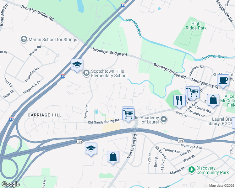 map of restaurants, bars, coffee shops, grocery stores, and more near 7621 Haines Court in Laurel