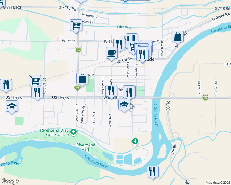 map of restaurants, bars, coffee shops, grocery stores, and more near 711 Iowa Avenue in Palisade