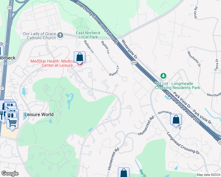 map of restaurants, bars, coffee shops, grocery stores, and more near 15301 Beaverbrook Court in Silver Spring
