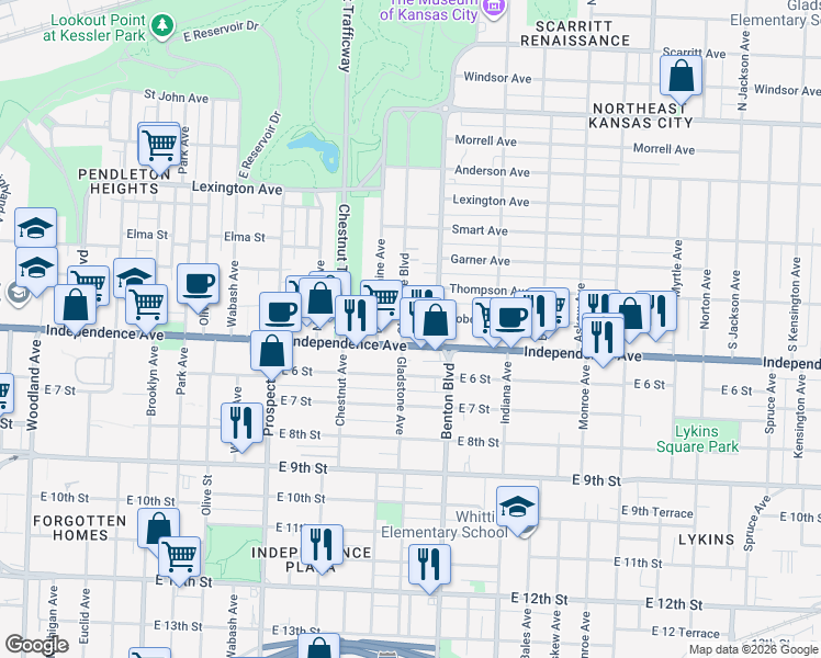 map of restaurants, bars, coffee shops, grocery stores, and more near 533 Gladstone Boulevard in Kansas City
