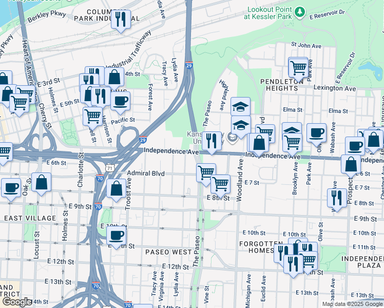 map of restaurants, bars, coffee shops, grocery stores, and more near 1409 Independence Avenue in Kansas City