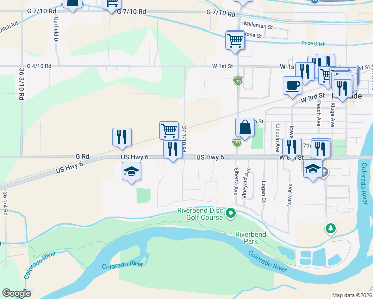 map of restaurants, bars, coffee shops, grocery stores, and more near 702 37 1/10 Road in Palisade
