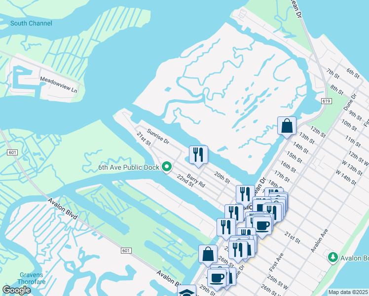 map of restaurants, bars, coffee shops, grocery stores, and more near 591 Sunrise Drive in Avalon