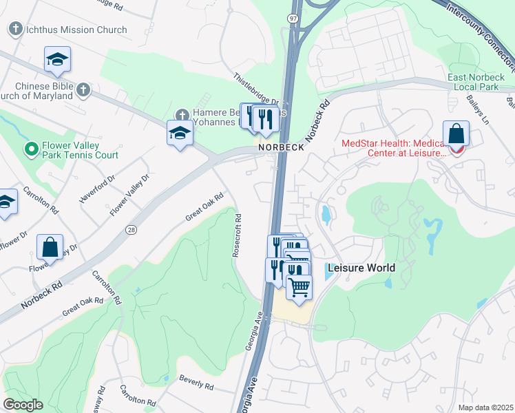 map of restaurants, bars, coffee shops, grocery stores, and more near 15314 Manor Village Lane in Rockville