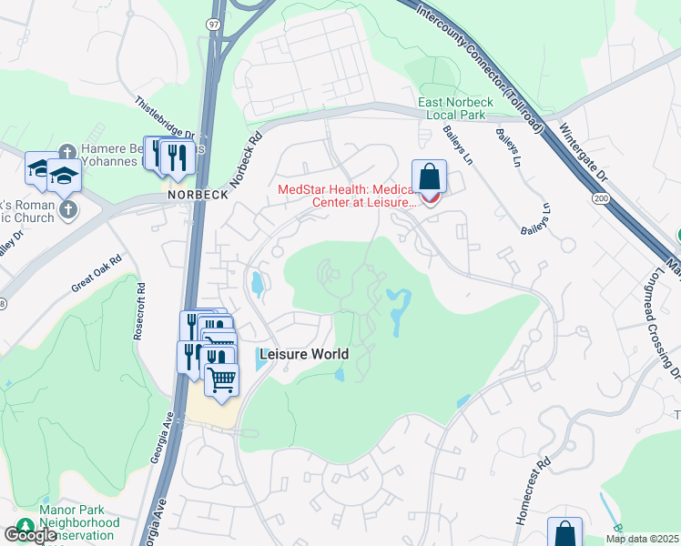 map of restaurants, bars, coffee shops, grocery stores, and more near 15100 Interlachen Drive in Silver Spring