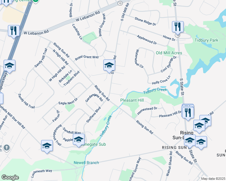 map of restaurants, bars, coffee shops, grocery stores, and more near 19 West Tidbury Drive in Dover