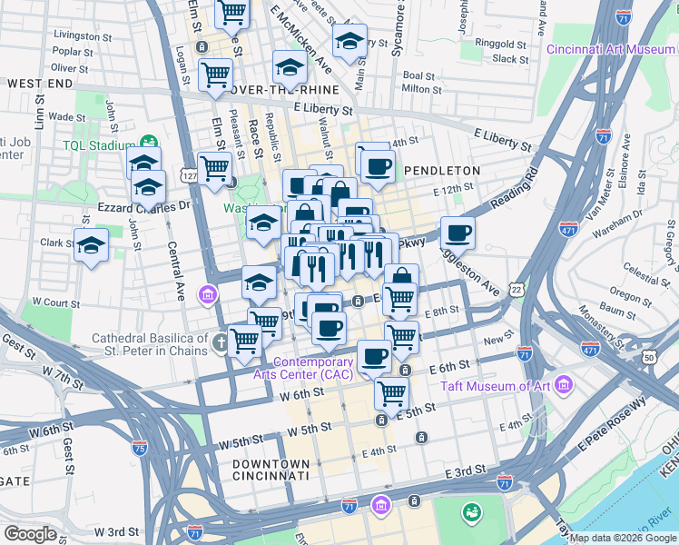 map of restaurants, bars, coffee shops, grocery stores, and more near 54 East Court Street in Cincinnati