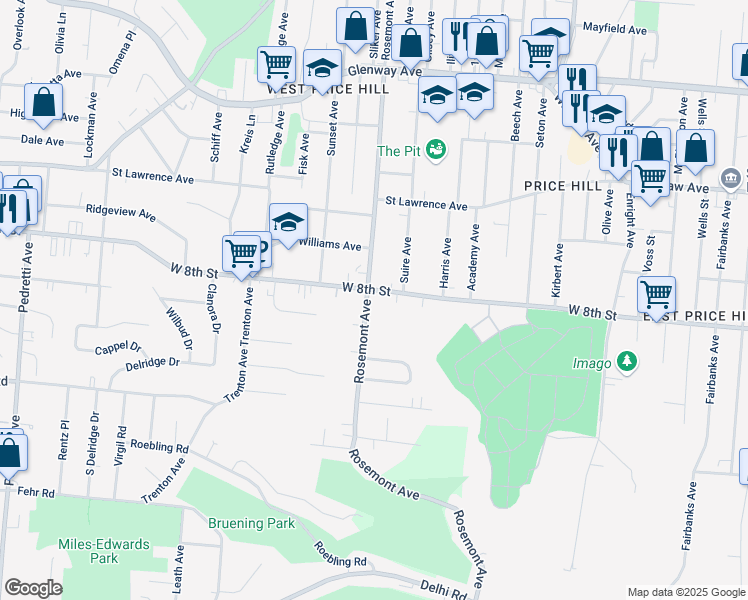 map of restaurants, bars, coffee shops, grocery stores, and more near 740 Rosemont Avenue in Cincinnati