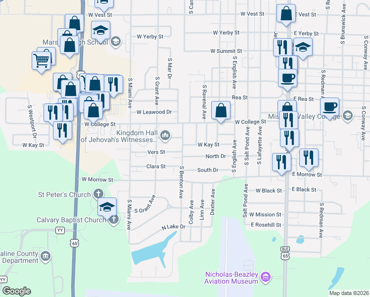 map of restaurants, bars, coffee shops, grocery stores, and more near 1359 South Benton Avenue in Marshall