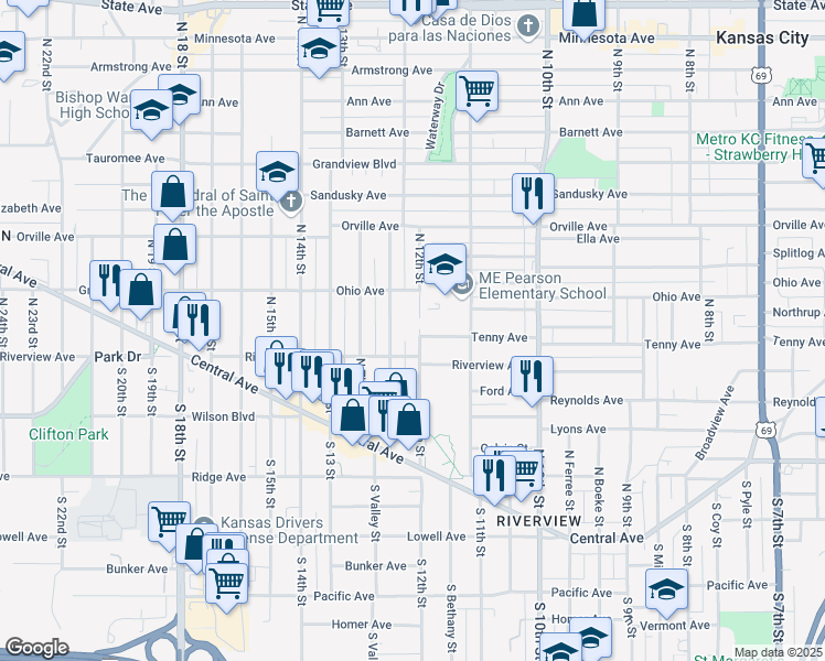map of restaurants, bars, coffee shops, grocery stores, and more near 217 North Valley Street in Kansas City