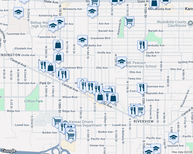 map of restaurants, bars, coffee shops, grocery stores, and more near 214 North 13th Street in Kansas City