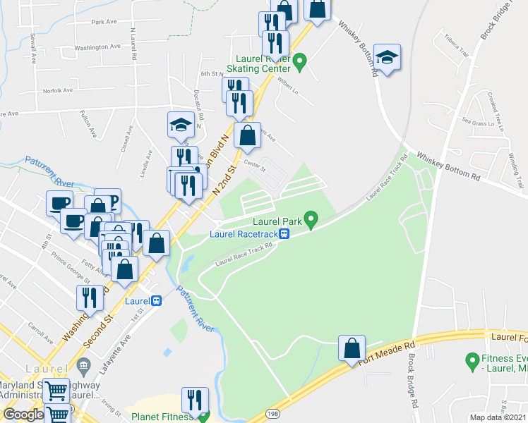 map of restaurants, bars, coffee shops, grocery stores, and more near 10103 North 2nd Street in Laurel