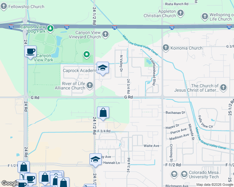 map of restaurants, bars, coffee shops, grocery stores, and more near 2470 G Road in Grand Junction