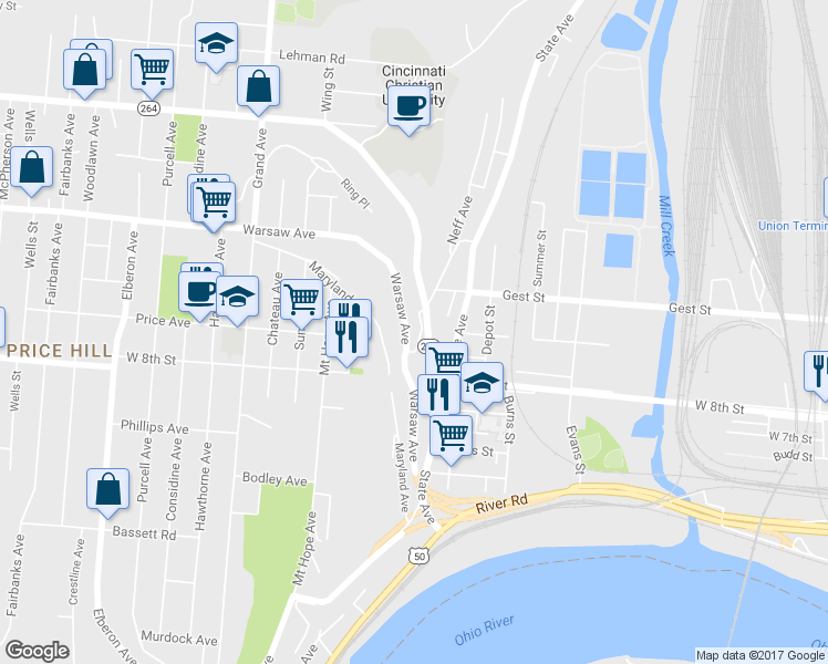 map of restaurants, bars, coffee shops, grocery stores, and more near 2393 Wilder Avenue in Cincinnati