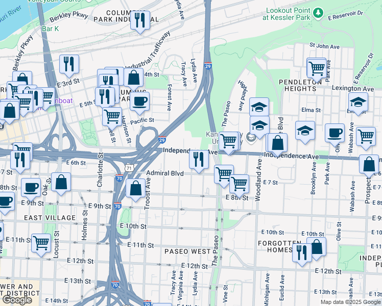 map of restaurants, bars, coffee shops, grocery stores, and more near 612 Virginia Avenue in Kansas City