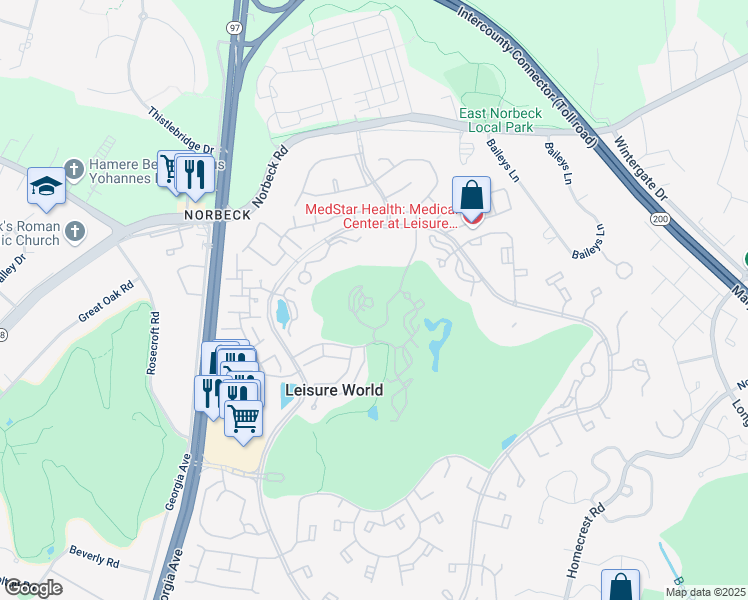 map of restaurants, bars, coffee shops, grocery stores, and more near 15100 Interlachen Drive in Silver Spring