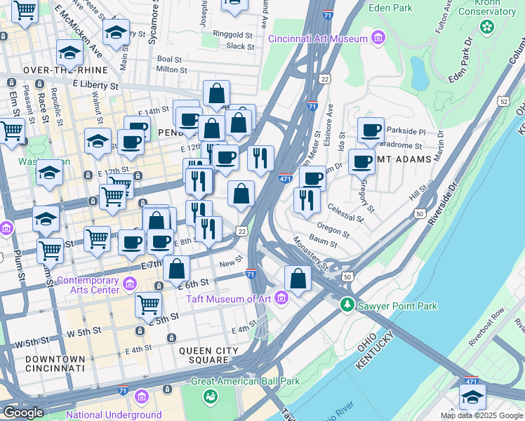 map of restaurants, bars, coffee shops, grocery stores, and more near Interstate 71 in Cincinnati