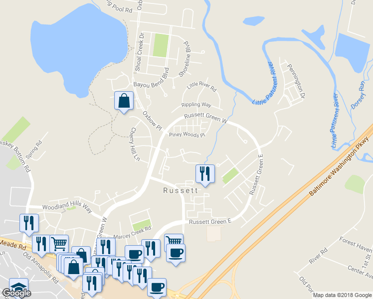 map of restaurants, bars, coffee shops, grocery stores, and more near 146 Forests Edge Place in Laurel