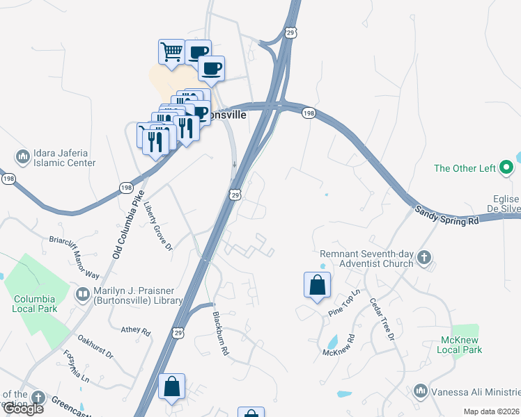 map of restaurants, bars, coffee shops, grocery stores, and more near 4020 Blackburn Lane in Burtonsville