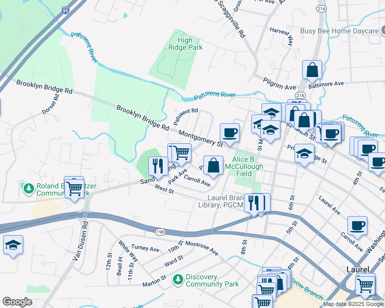map of restaurants, bars, coffee shops, grocery stores, and more near 300 Grace Way in Laurel
