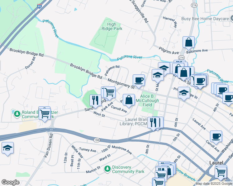 map of restaurants, bars, coffee shops, grocery stores, and more near 300 Grace Way in Laurel
