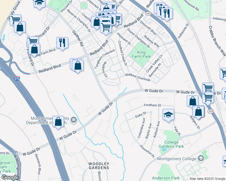 map of restaurants, bars, coffee shops, grocery stores, and more near 313 Pure Spring Crescent in Rockville