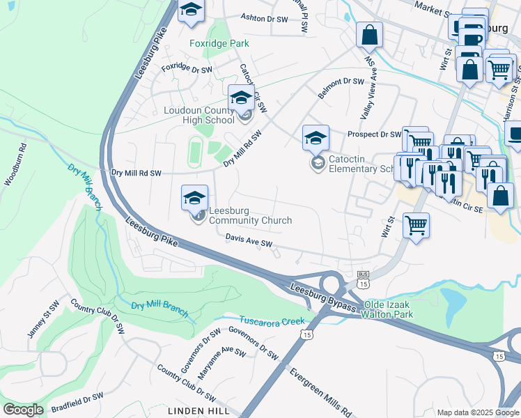 map of restaurants, bars, coffee shops, grocery stores, and more near 816 Banker Drive in Leesburg