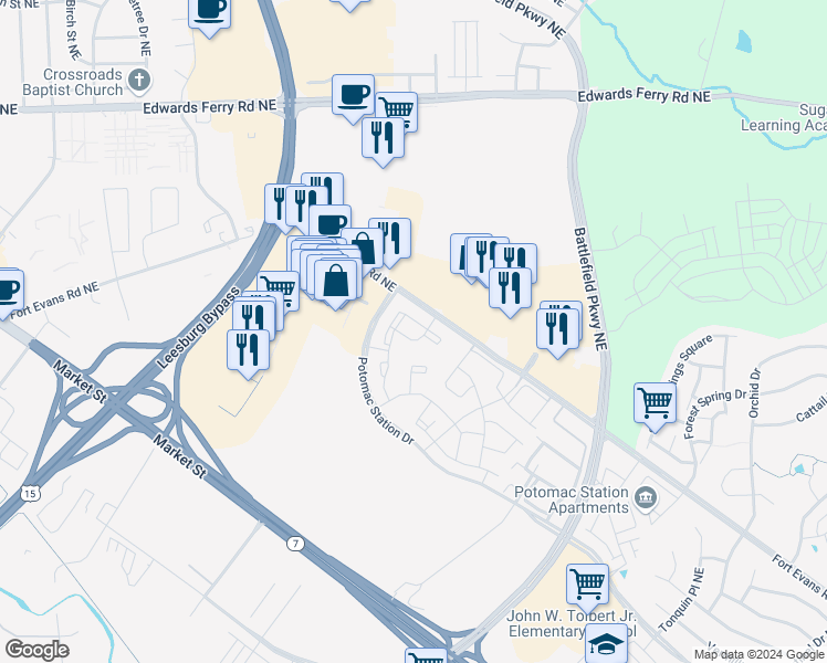 map of restaurants, bars, coffee shops, grocery stores, and more near 401 Evans Ridge Terrace Northeast in Leesburg