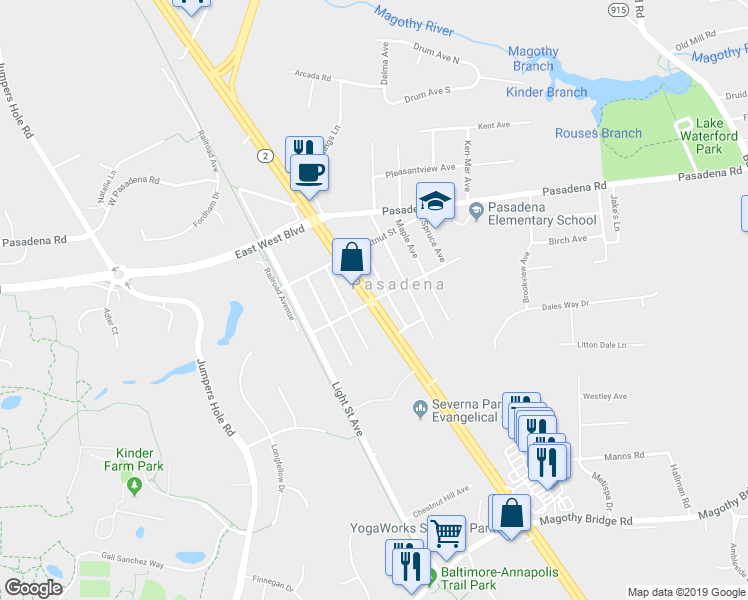 map of restaurants, bars, coffee shops, grocery stores, and more near Maryland 2 in Pasadena