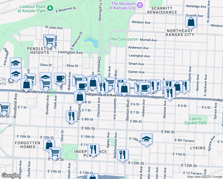 map of restaurants, bars, coffee shops, grocery stores, and more near in Kansas City