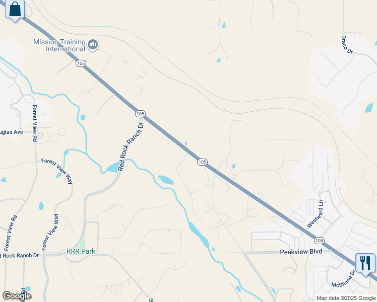 map of restaurants, bars, coffee shops, grocery stores, and more near 18862 Rockbrook Road in Palmer Lake