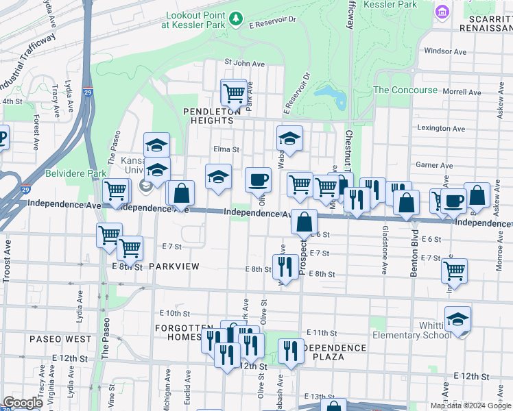 map of restaurants, bars, coffee shops, grocery stores, and more near 2300 Independence Avenue in Kansas City