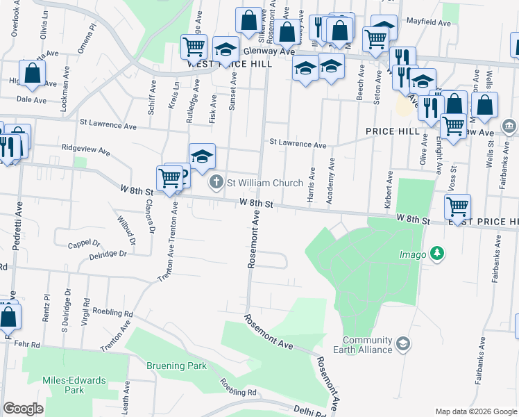 map of restaurants, bars, coffee shops, grocery stores, and more near in Cincinnati