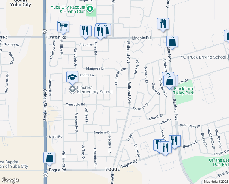 map of restaurants, bars, coffee shops, grocery stores, and more near 1414 La Grande Avenue in Yuba City