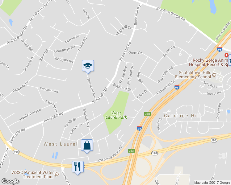 map of restaurants, bars, coffee shops, grocery stores, and more near 15709 Wayne Avenue in Laurel