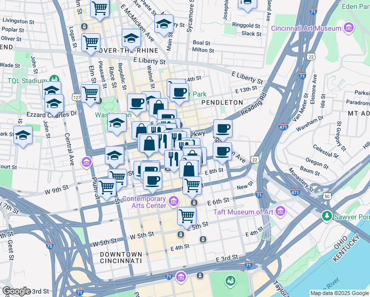 map of restaurants, bars, coffee shops, grocery stores, and more near in Cincinnati