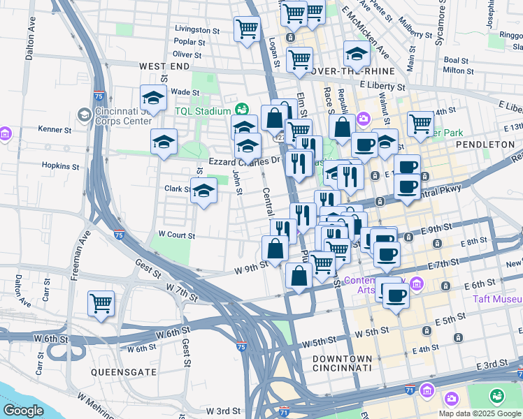 map of restaurants, bars, coffee shops, grocery stores, and more near 428 Elizabeth Street in Cincinnati