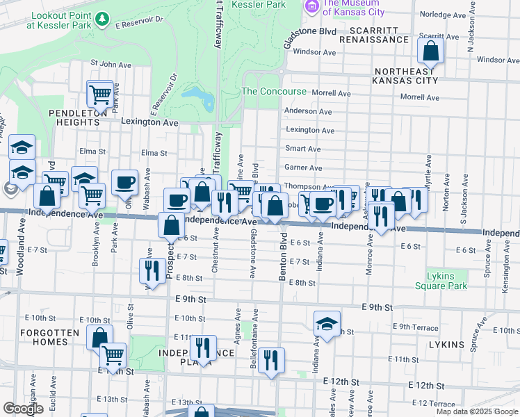 map of restaurants, bars, coffee shops, grocery stores, and more near 540 Benton Boulevard in Kansas City
