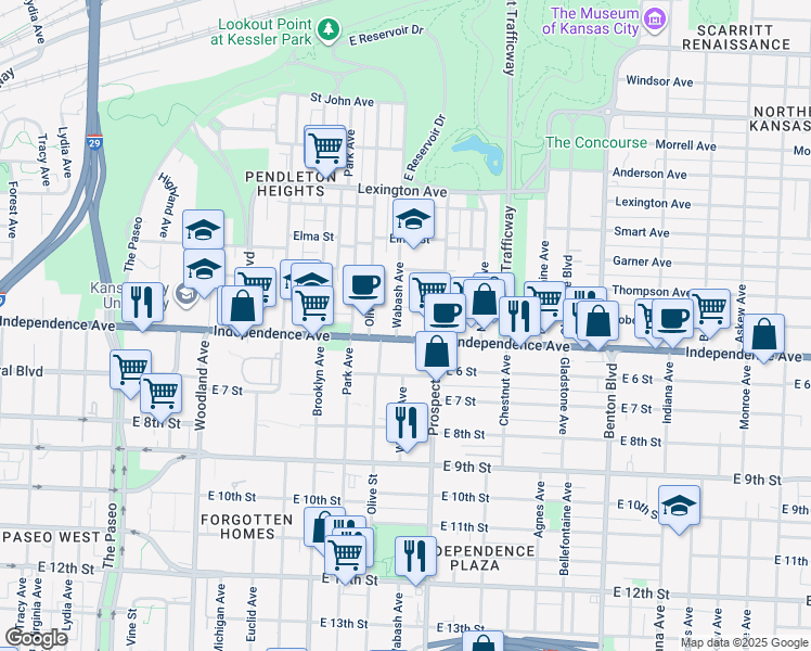 map of restaurants, bars, coffee shops, grocery stores, and more near 2500 Independence Avenue in Kansas City