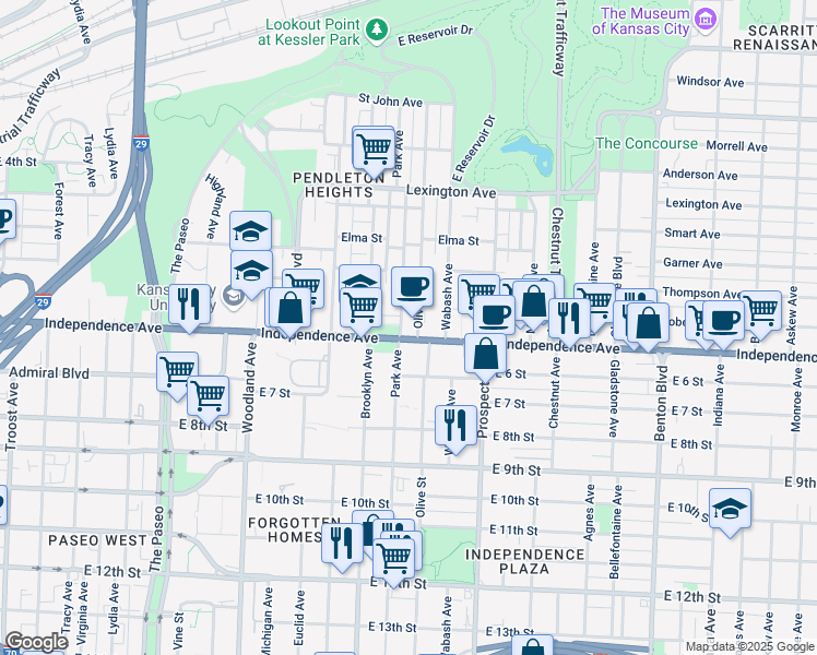 map of restaurants, bars, coffee shops, grocery stores, and more near 2300 Independence Avenue in Kansas City