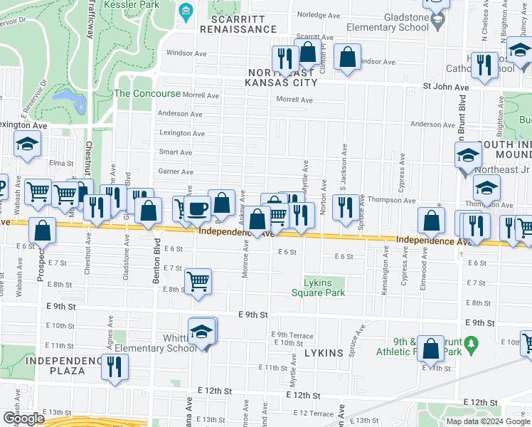 map of restaurants, bars, coffee shops, grocery stores, and more near 519 Monroe Ave in Kansas City