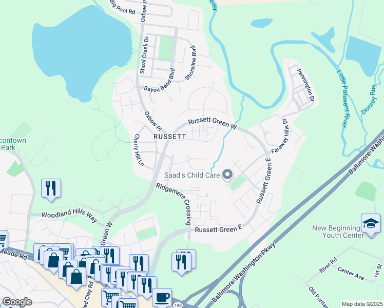map of restaurants, bars, coffee shops, grocery stores, and more near 142 Forests Edge Place in Laurel