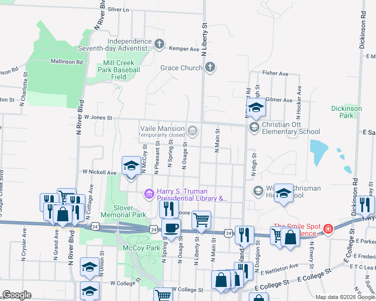 map of restaurants, bars, coffee shops, grocery stores, and more near 1335 North Osage Street in Independence