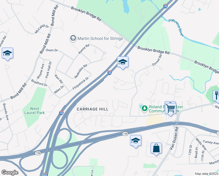 map of restaurants, bars, coffee shops, grocery stores, and more near 15716 Dorset Road in Laurel