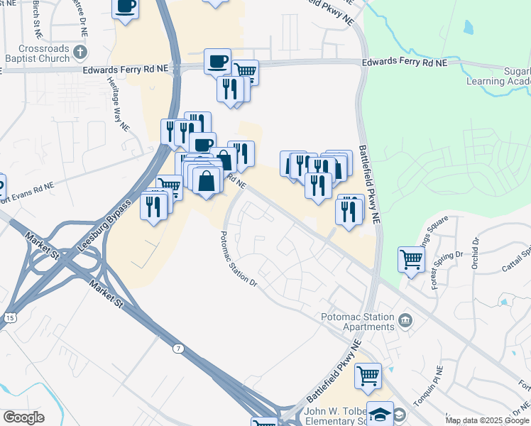 map of restaurants, bars, coffee shops, grocery stores, and more near 428 Evans Ridge Terrace Northeast in Leesburg